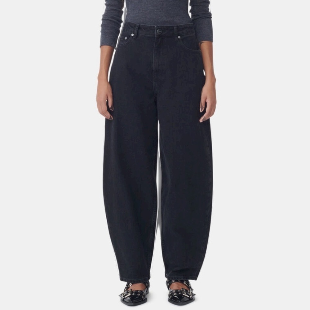 Ganni-Nwt Stary Black Wash Denim Wide Leg Barrel Jeans